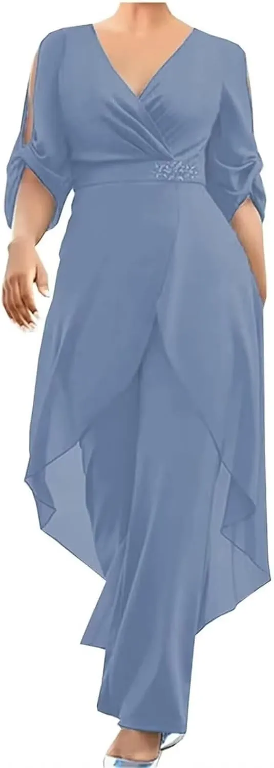 2 Pieces Pants Suits Mother of The Bride Lace Appliques Chiffon Formal Wedding Grooms Dresses