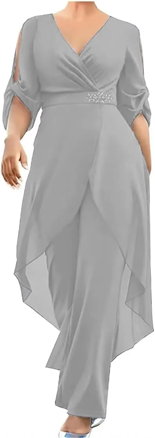 2 Pieces Pants Suits Mother of The Bride Lace Appliques Chiffon Formal Wedding Grooms Dresses