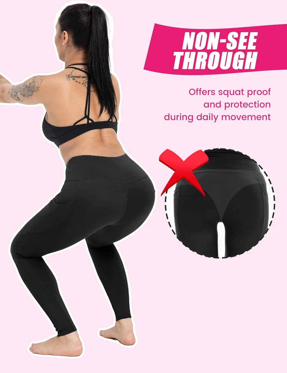 3 Pack Yoga Pants with Pockets for Women, Tummy Control Black Compression Gym Workout Leggings