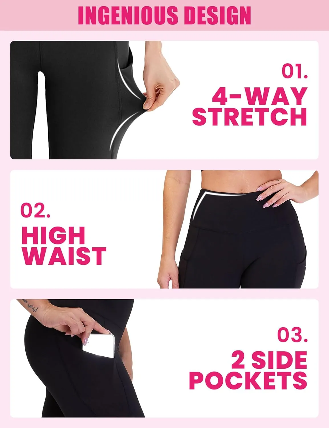 3 Pack Yoga Pants with Pockets for Women, Tummy Control Black Compression Gym Workout Leggings