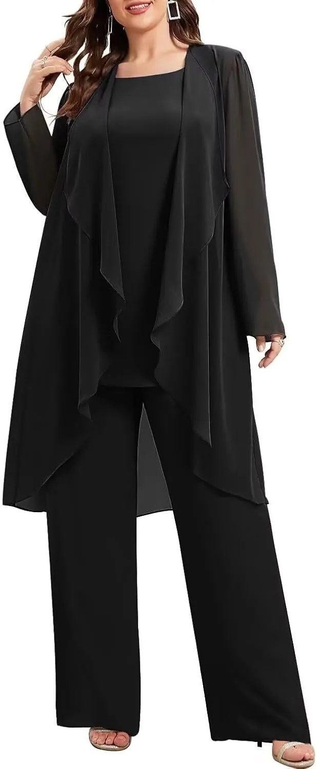 3 Pieces Chiffon Mother of The Bride Pant Suits Plus Size Women Wedding Formal Outfit Set Evening Gown PG30