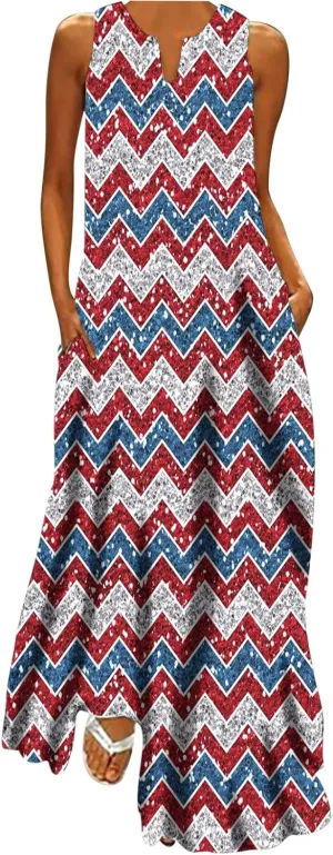 4th of July Maxi Long Dresses for Women 2023 Casual Summer Sleeveless Flowy Tank Sundress Star Stripes Patriotic Dress