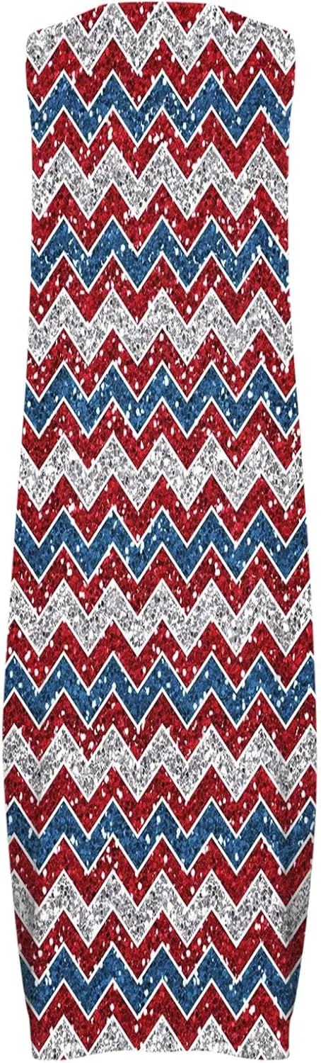 4th of July Maxi Long Dresses for Women 2023 Casual Summer Sleeveless Flowy Tank Sundress Star Stripes Patriotic Dress