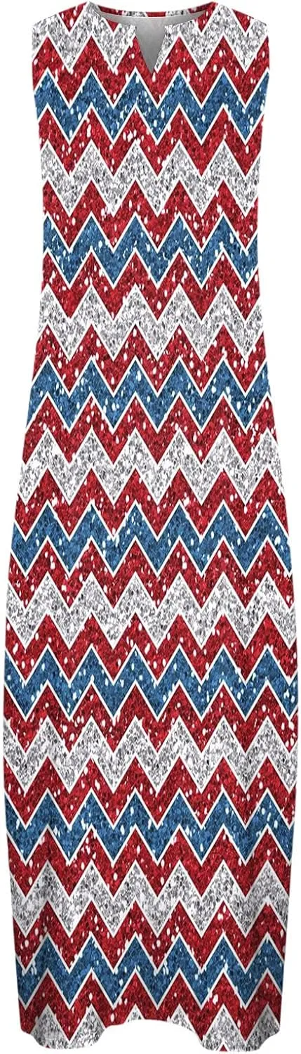 4th of July Maxi Long Dresses for Women 2023 Casual Summer Sleeveless Flowy Tank Sundress Star Stripes Patriotic Dress