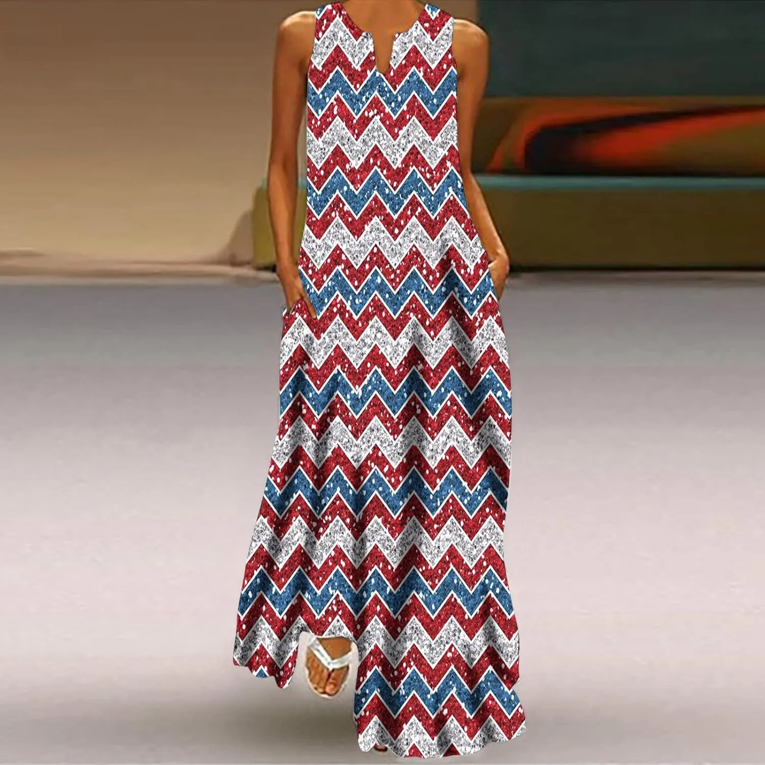 4th of July Maxi Long Dresses for Women 2023 Casual Summer Sleeveless Flowy Tank Sundress Star Stripes Patriotic Dress