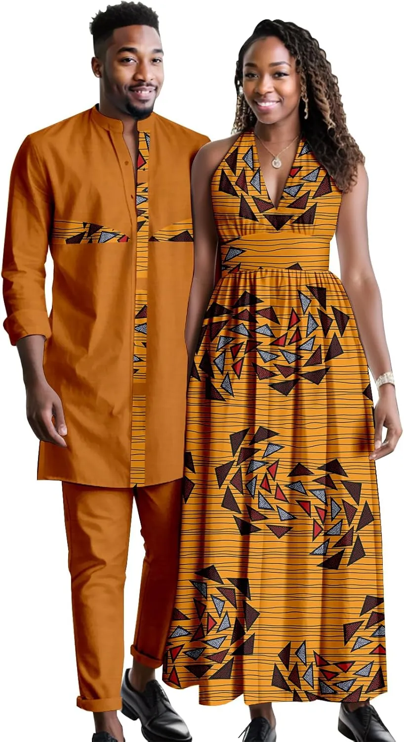 Africa Couples Men's Short Sleeve Top Pants Women's Patchwork Dress Ankara Fabric Chest Split Neckline