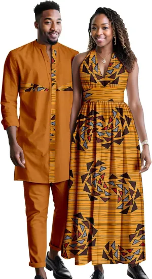 Africa Couples Men's Short Sleeve Top Pants Women's Patchwork Dress Ankara Fabric Chest Split Neckline