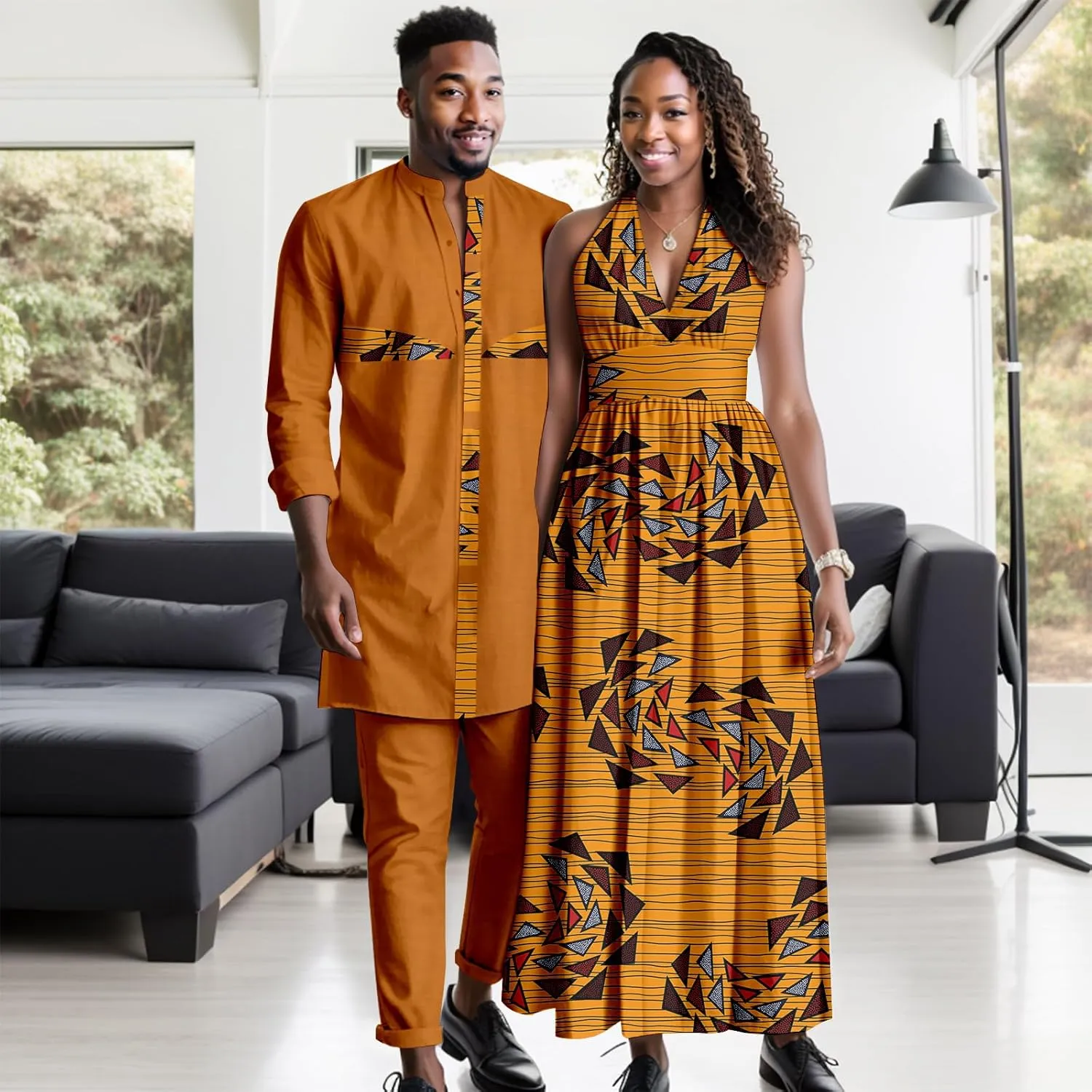 Africa Couples Men's Short Sleeve Top Pants Women's Patchwork Dress Ankara Fabric Chest Split Neckline