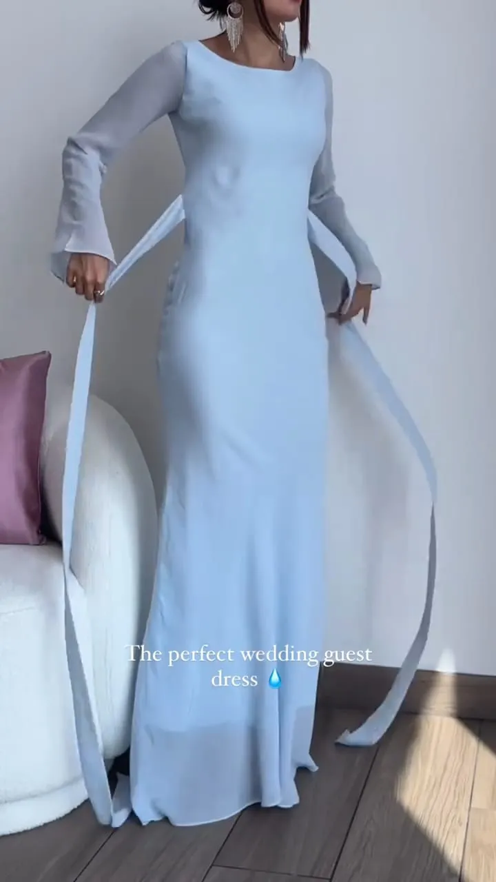 Attire Studio - Sky Blue Chiffon Dress with Attached Long Belt (032)