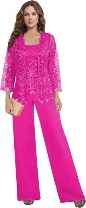 BANTRATIC 3 Pieces Mother of The Bride Pantsuits with Jacket for Wedding 3/4 Sleeve Evening Prom Formal Dressy Outfits
