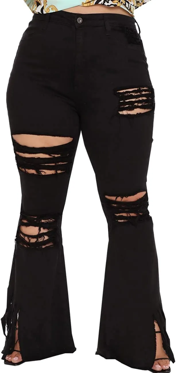 BessCops Plus Size Bell Bottom Jeans for Women Elastic High Waisted Classic Flared Denim Pants