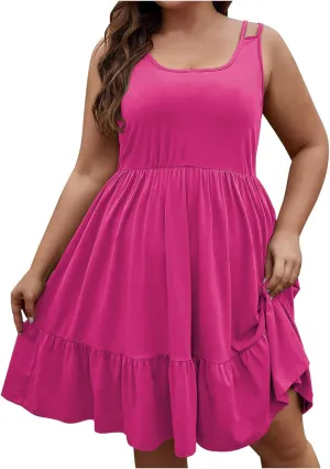 Borniu Women Casual Summer Beach Dresses Plus Size Sundress Scoop Neck Solid Flowy Swing Tank Sleeveless Mid-Length Dress