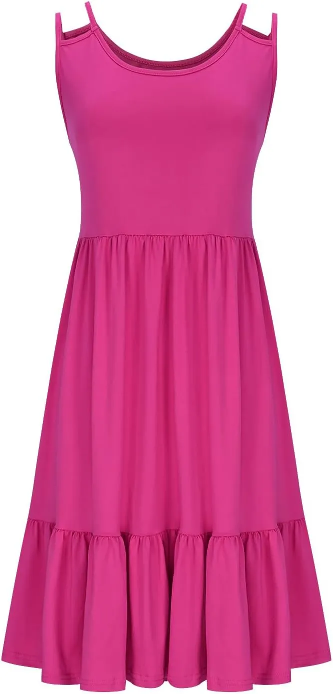 Borniu Women Casual Summer Beach Dresses Plus Size Sundress Scoop Neck Solid Flowy Swing Tank Sleeveless Mid-Length Dress