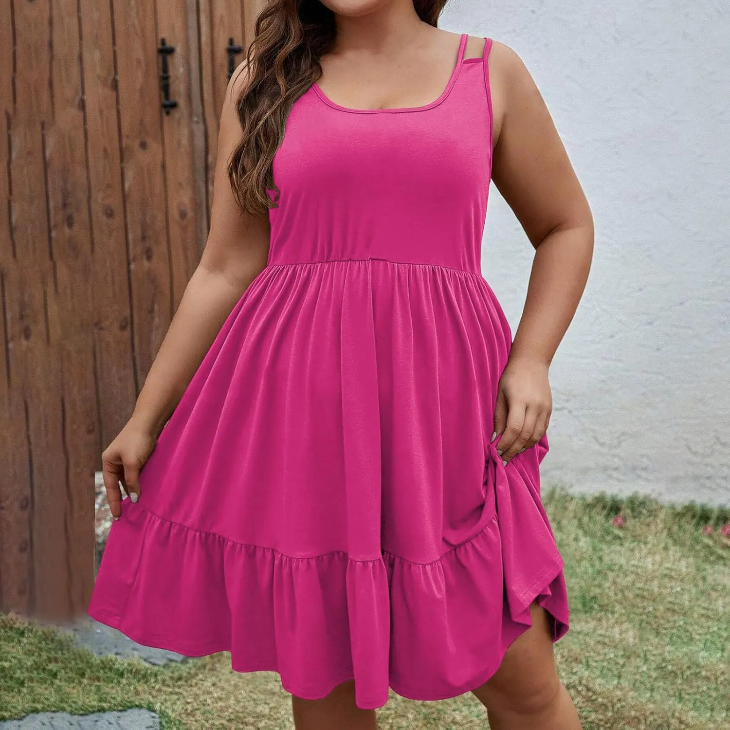 Borniu Women Casual Summer Beach Dresses Plus Size Sundress Scoop Neck Solid Flowy Swing Tank Sleeveless Mid-Length Dress