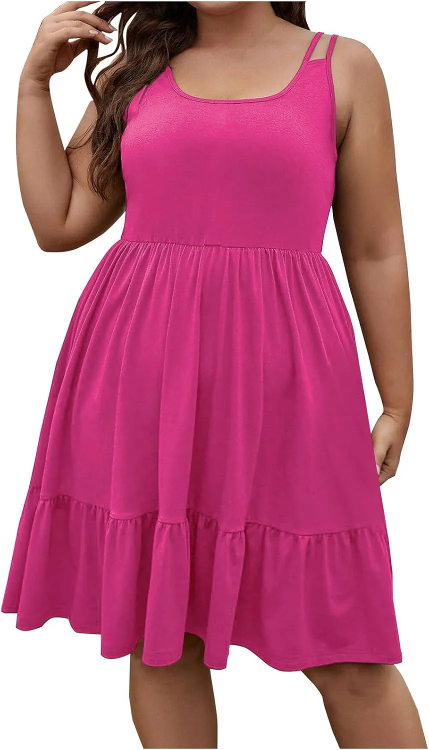 Borniu Women Casual Summer Beach Dresses Plus Size Sundress Scoop Neck Solid Flowy Swing Tank Sleeveless Mid-Length Dress