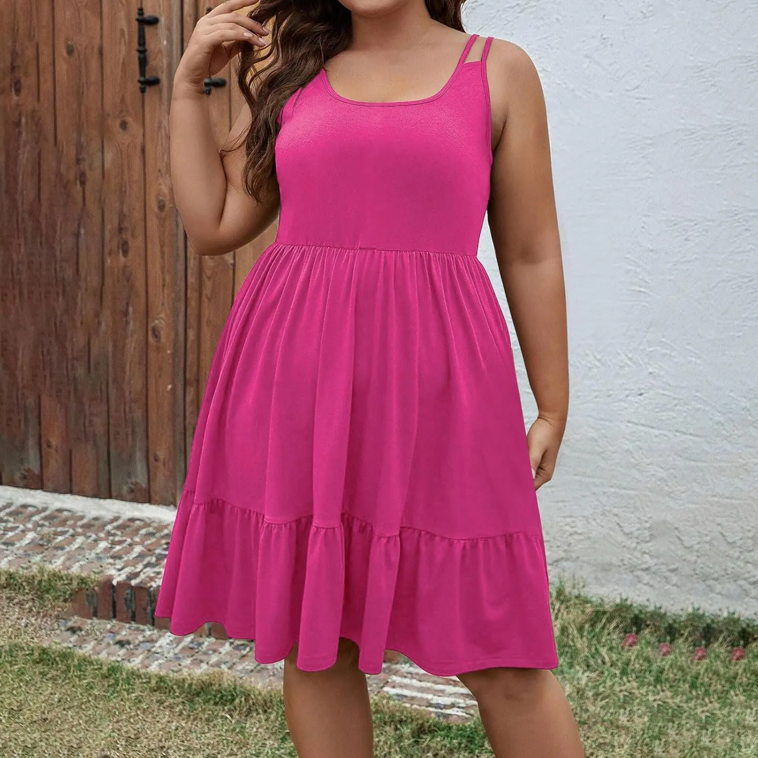 Borniu Women Casual Summer Beach Dresses Plus Size Sundress Scoop Neck Solid Flowy Swing Tank Sleeveless Mid-Length Dress
