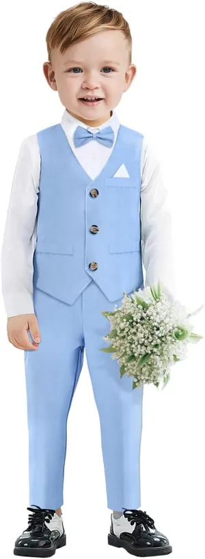 Boys Suit Formal Set Kids Wedding Outfit Toddler Slim Fit Tuxedo 4 Pieces Vest,Shirt,Pants,Bow Tie for 2-7 Years