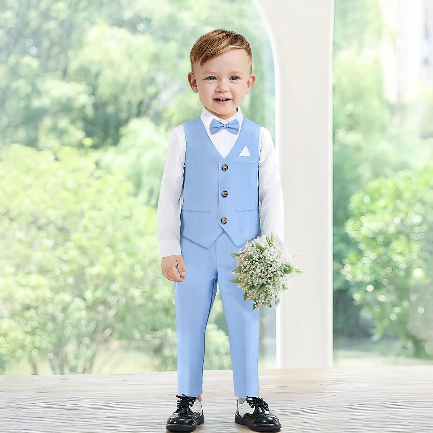 Boys Suit Formal Set Kids Wedding Outfit Toddler Slim Fit Tuxedo 4 Pieces Vest,Shirt,Pants,Bow Tie for 2-7 Years