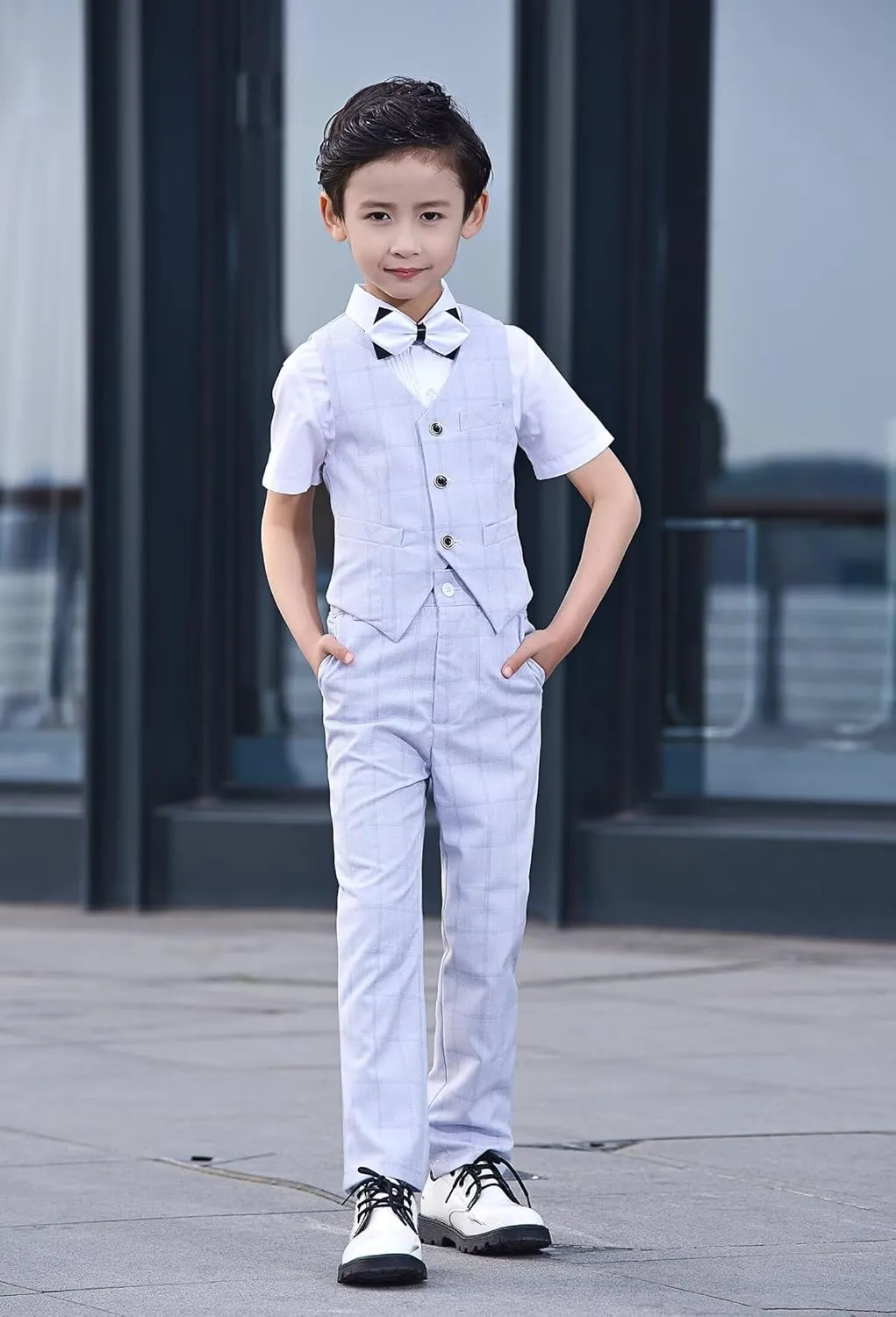Boys Suit Plaid Stripes Suits for Boys 4 Piece Formal Wedding Outfit Slim Fit Suit Vest Pants Shirt Set with Bow Tie