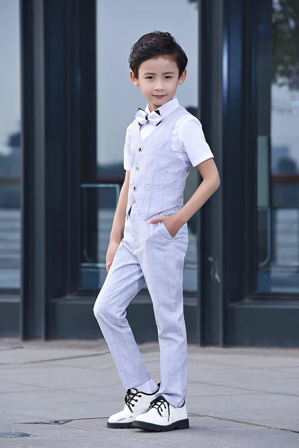 Boys Suit Plaid Stripes Suits for Boys 4 Piece Formal Wedding Outfit Slim Fit Suit Vest Pants Shirt Set with Bow Tie