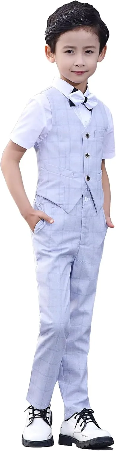 Boys Suit Plaid Stripes Suits for Boys 4 Piece Formal Wedding Outfit Slim Fit Suit Vest Pants Shirt Set with Bow Tie