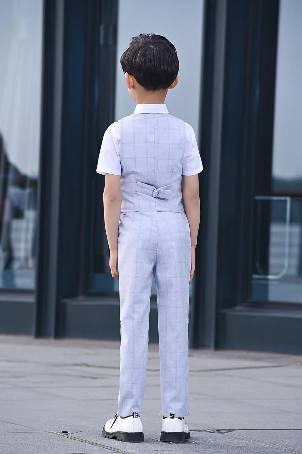 Boys Suit Plaid Stripes Suits for Boys 4 Piece Formal Wedding Outfit Slim Fit Suit Vest Pants Shirt Set with Bow Tie