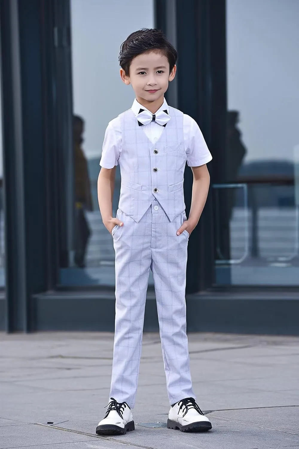Boys Suit Plaid Stripes Suits for Boys 4 Piece Formal Wedding Outfit Slim Fit Suit Vest Pants Shirt Set with Bow Tie