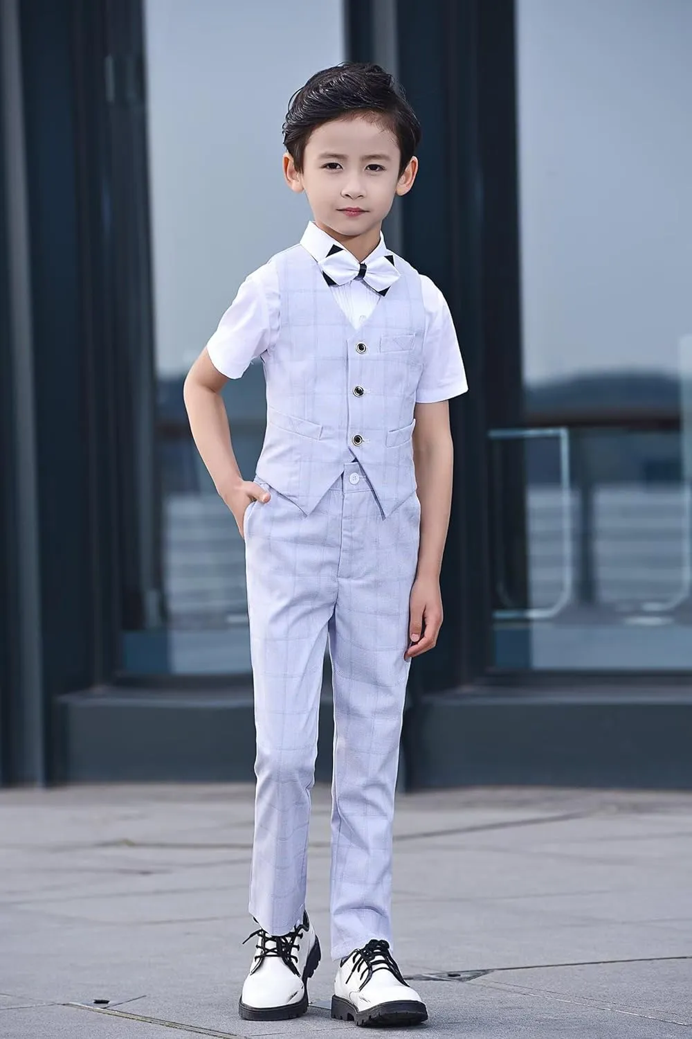 Boys Suit Plaid Stripes Suits for Boys 4 Piece Formal Wedding Outfit Slim Fit Suit Vest Pants Shirt Set with Bow Tie