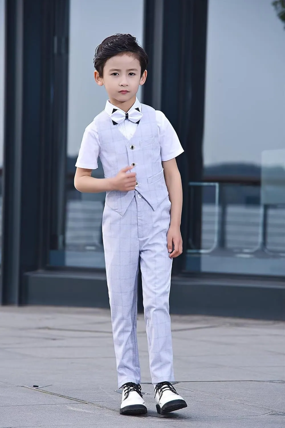 Boys Suit Plaid Stripes Suits for Boys 4 Piece Formal Wedding Outfit Slim Fit Suit Vest Pants Shirt Set with Bow Tie