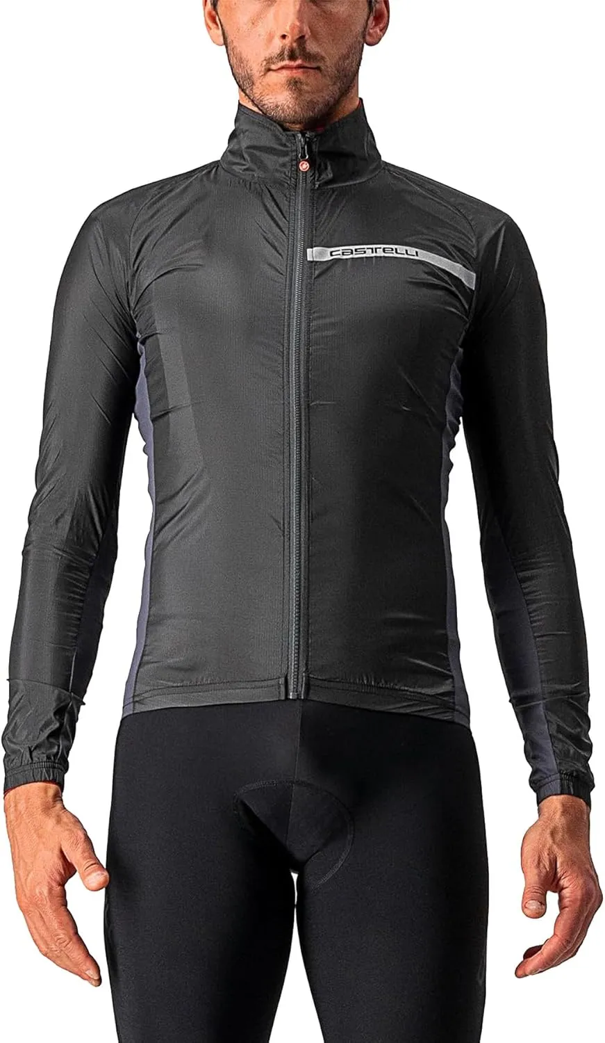 CASTELLI Men's Squadra Stretch Jacket, Windproof Zip Up Shell with High Collar for Road and Gravel Biking I Cycling - Light Black/Dark Gray - Small