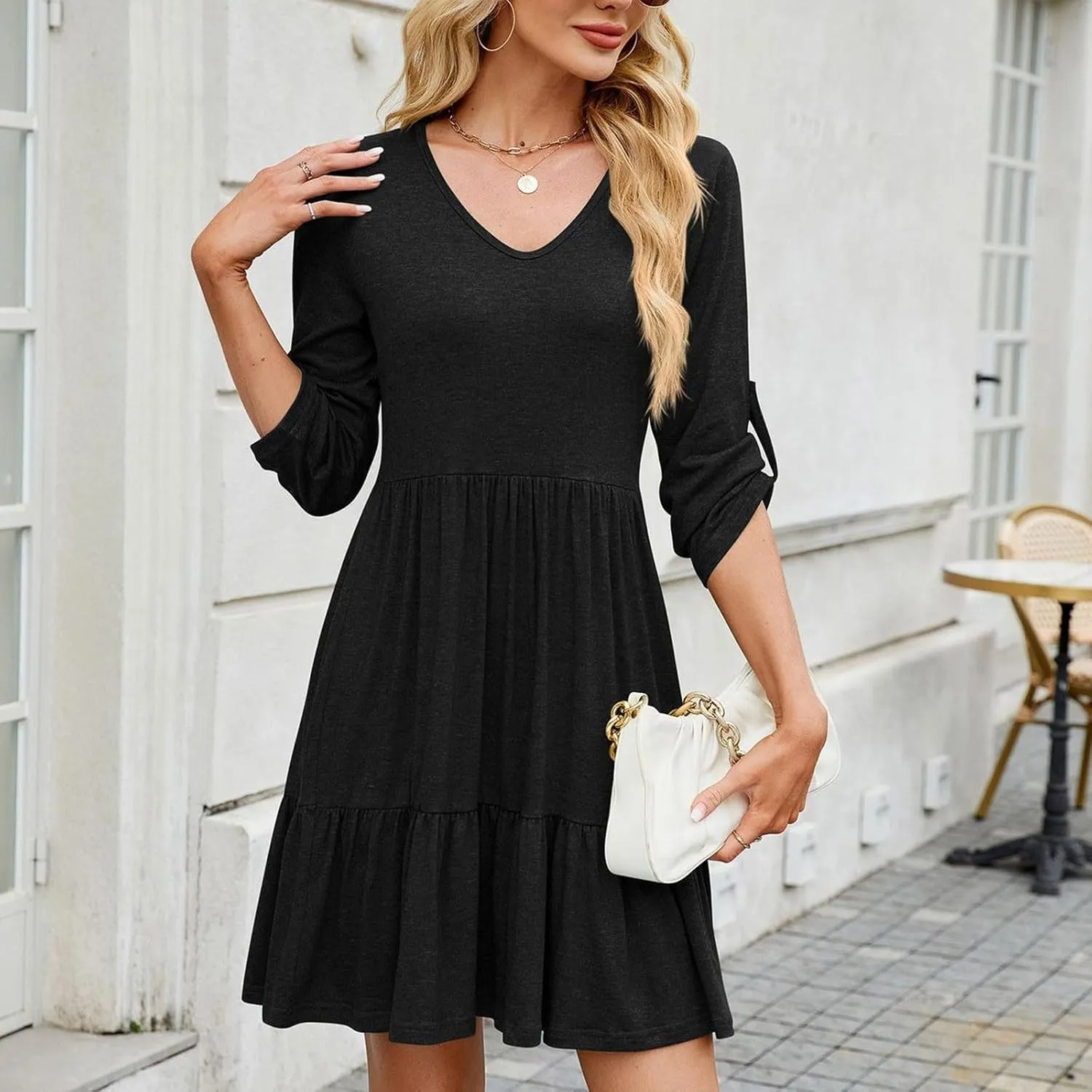 Casual Dresses for Women Cuffed 3/4 Sleeve A-line Work Dress V Neck Ruffle Hem Swing Summer Beach Mini Sundresses