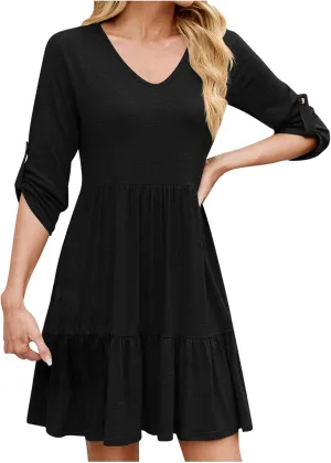 Casual Dresses for Women Cuffed 3/4 Sleeve A-line Work Dress V Neck Ruffle Hem Swing Summer Beach Mini Sundresses