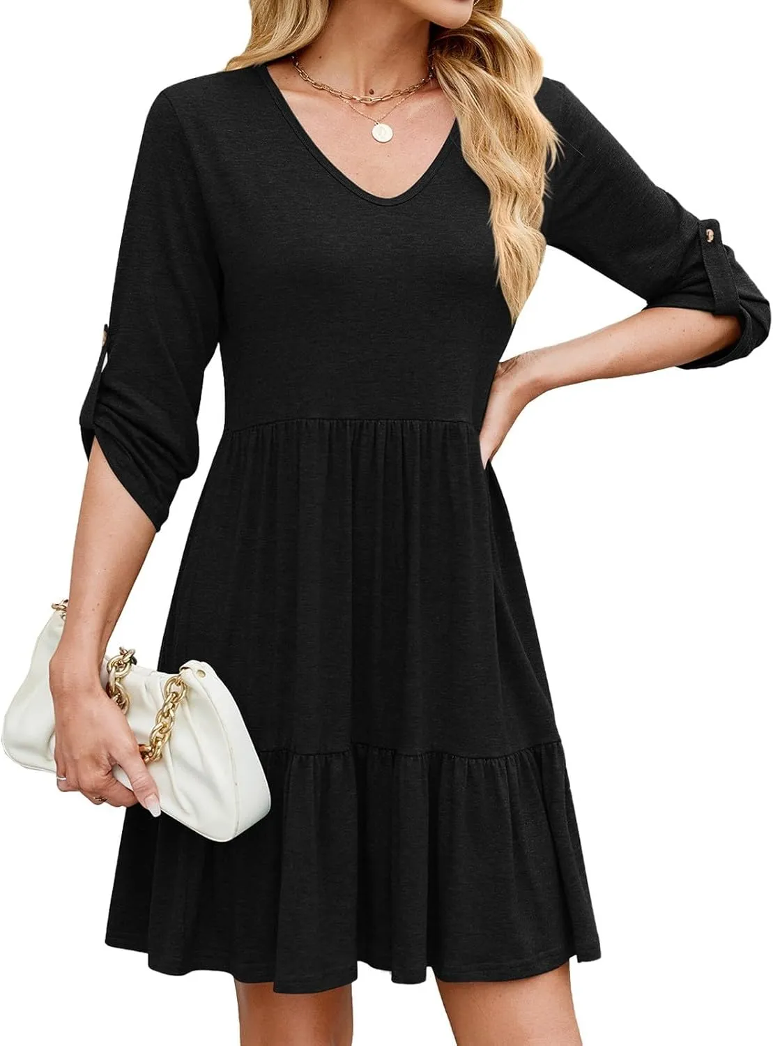 Casual Dresses for Women Cuffed 3/4 Sleeve A-line Work Dress V Neck Ruffle Hem Swing Summer Beach Mini Sundresses