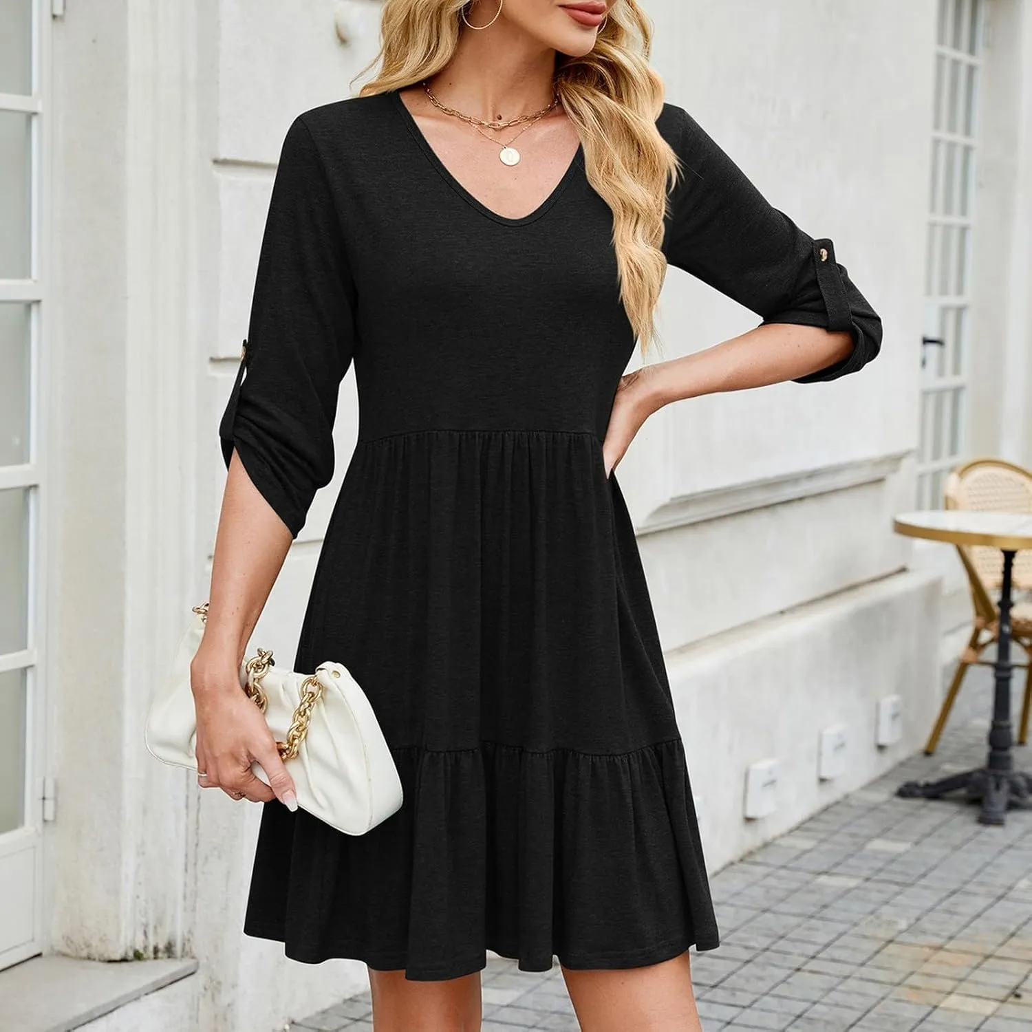 Casual Dresses for Women Cuffed 3/4 Sleeve A-line Work Dress V Neck Ruffle Hem Swing Summer Beach Mini Sundresses