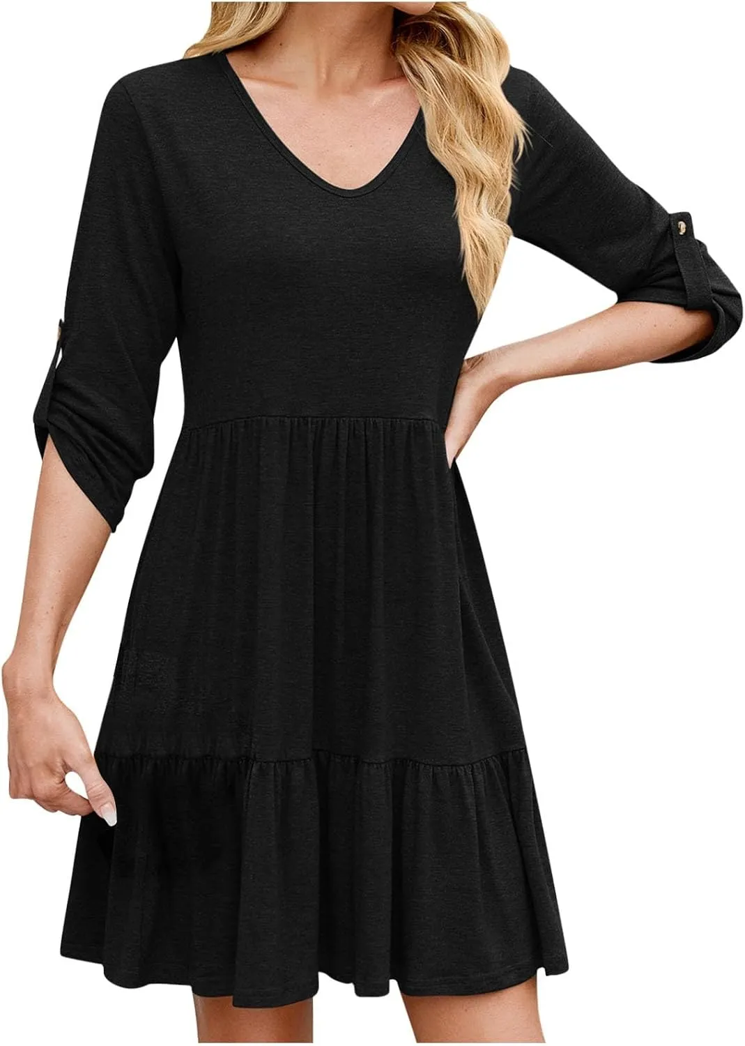 Casual Dresses for Women Cuffed 3/4 Sleeve A-line Work Dress V Neck Ruffle Hem Swing Summer Beach Mini Sundresses