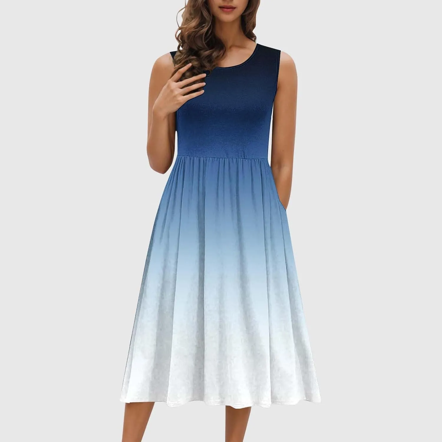 Casual Dresses for Women Summer Sleeveless Tie Dye Sundresses Empire Waist Midi Tank Dresses with Pockets 2025