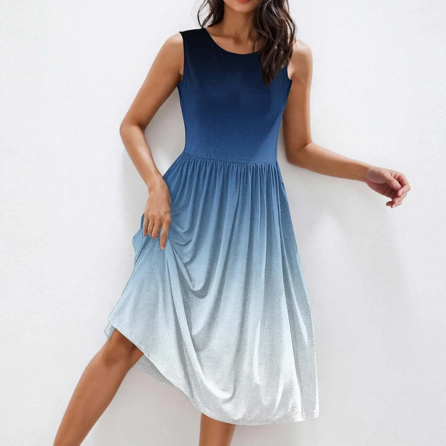Casual Dresses for Women Summer Sleeveless Tie Dye Sundresses Empire Waist Midi Tank Dresses with Pockets 2025