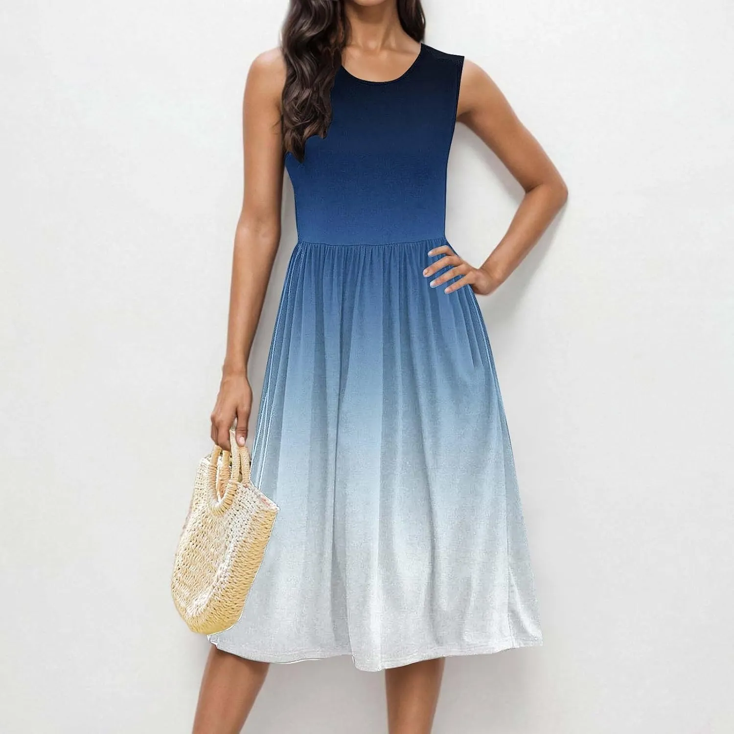 Casual Dresses for Women Summer Sleeveless Tie Dye Sundresses Empire Waist Midi Tank Dresses with Pockets 2025