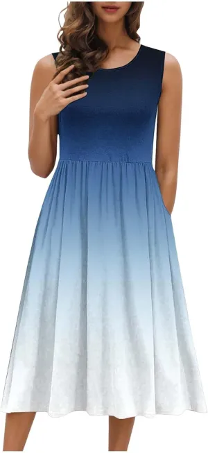 Casual Dresses for Women Summer Sleeveless Tie Dye Sundresses Empire Waist Midi Tank Dresses with Pockets 2025