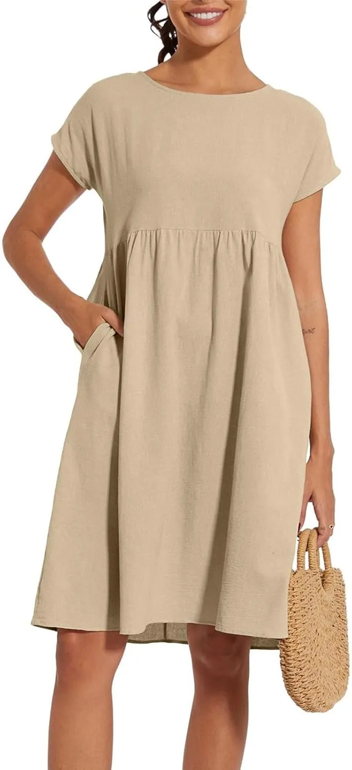 Casual Linen Dresses for Women Crewneck Summer Midi Dress with Pockets Solid Plus Size Short Sleeve T Shirt Dress