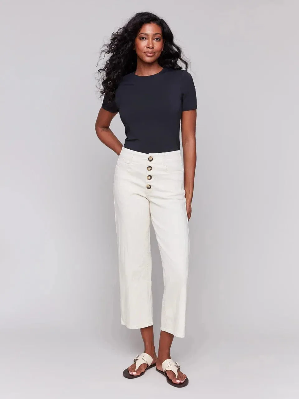 Charlie B Natural Flex Front Button Fly Straight Crop Leg Pant - C5623
