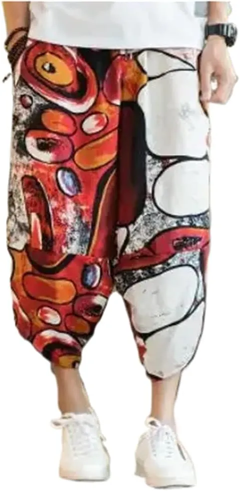 Chinese Style Harem Pants Men Summer Casual Mens Streetwear Cotton Striped -Length Trousers s6 S