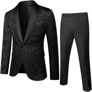 Cloudstyle Mens 2 Piece Floral Jacquard Dress Suit Set 1 Button Print Dinner Jacket Pants