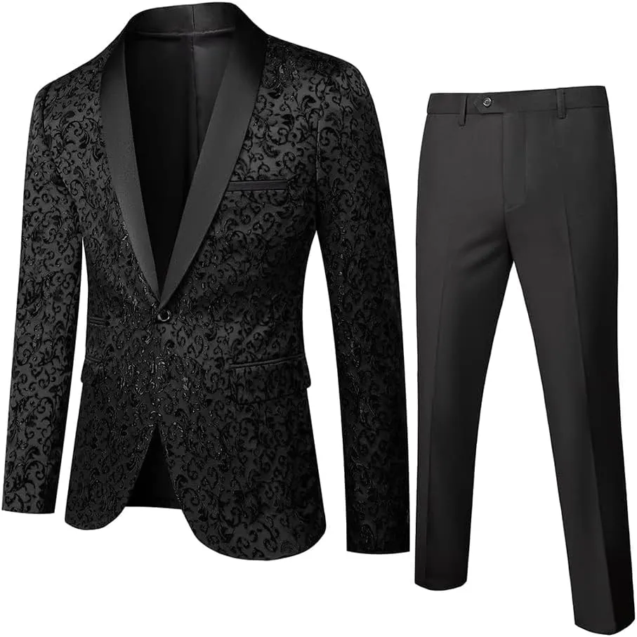 Cloudstyle Mens 2 Piece Floral Jacquard Dress Suit Set 1 Button Print Dinner Jacket Pants