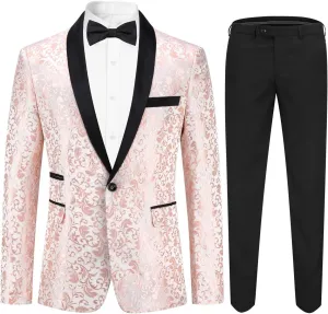 Cloudstyle Mens 2 Piece Floral Jacquard Dress Suit Set 1 Button Print Dinner Jacket Pants