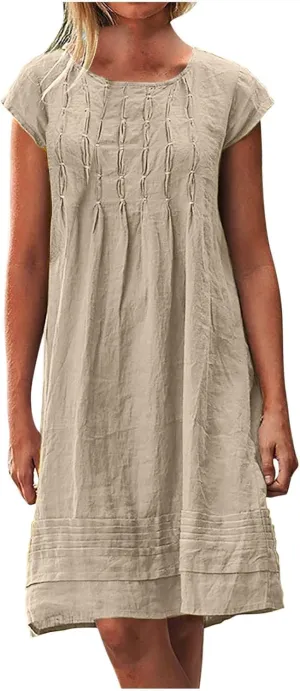 Cotton Linen Dress for Women Pleated Summer Dresses Crewneck Short Sleeve Sundress Beach Vacation Casual Mini Dress
