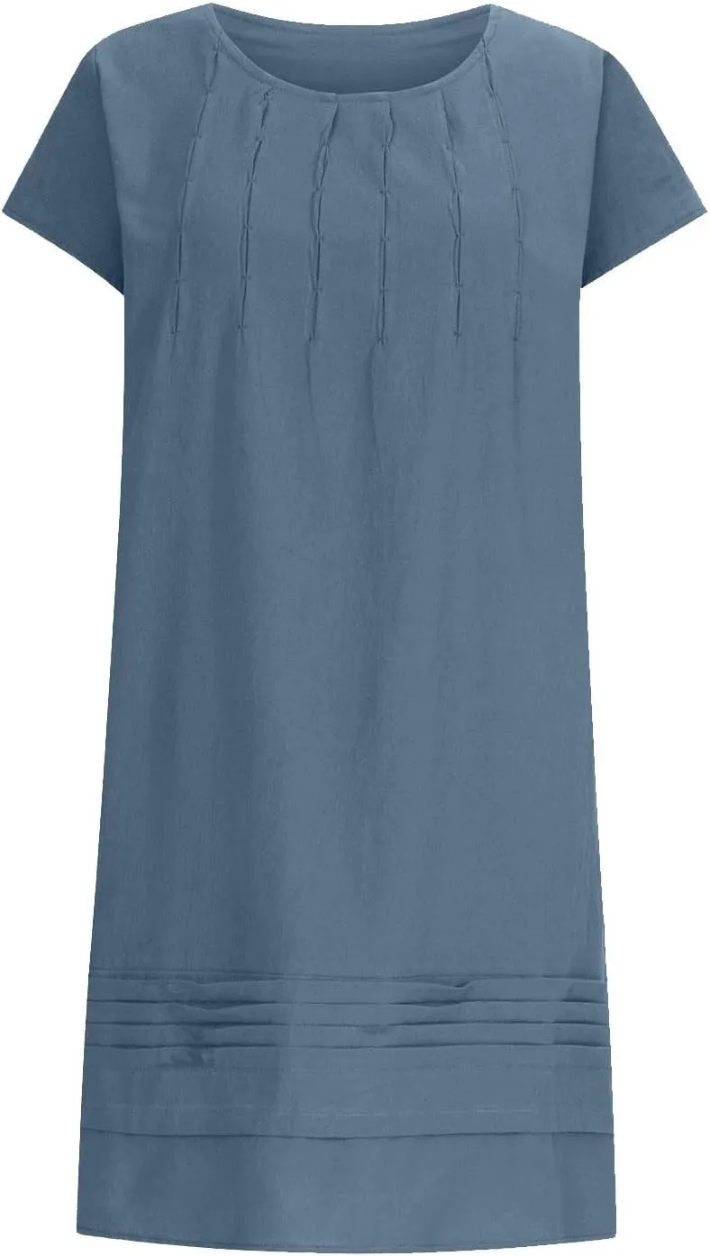 Cotton Linen Dress for Women Pleated Summer Dresses Crewneck Short Sleeve Sundress Beach Vacation Casual Mini Dress