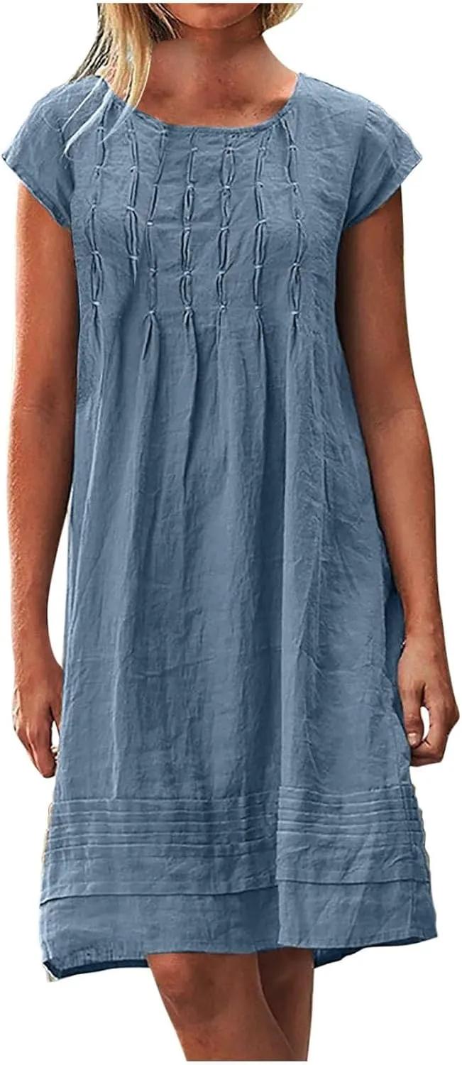 Cotton Linen Dress for Women Pleated Summer Dresses Crewneck Short Sleeve Sundress Beach Vacation Casual Mini Dress