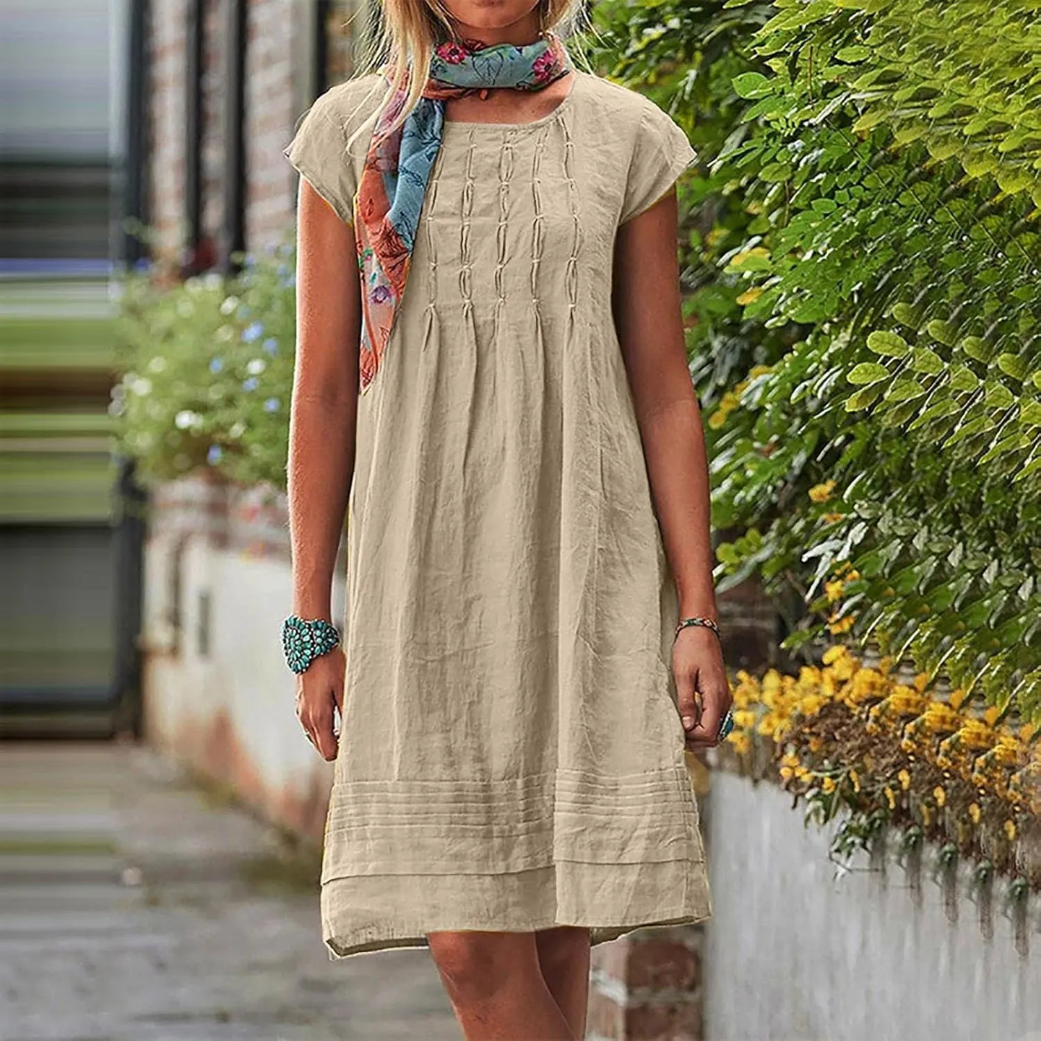 Cotton Linen Dress for Women Pleated Summer Dresses Crewneck Short Sleeve Sundress Beach Vacation Casual Mini Dress