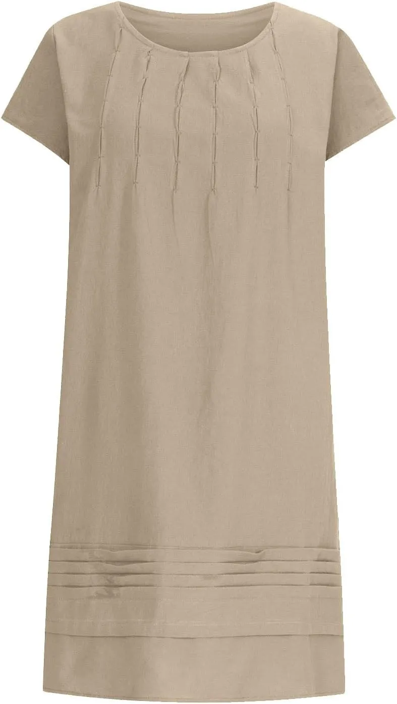 Cotton Linen Dress for Women Pleated Summer Dresses Crewneck Short Sleeve Sundress Beach Vacation Casual Mini Dress
